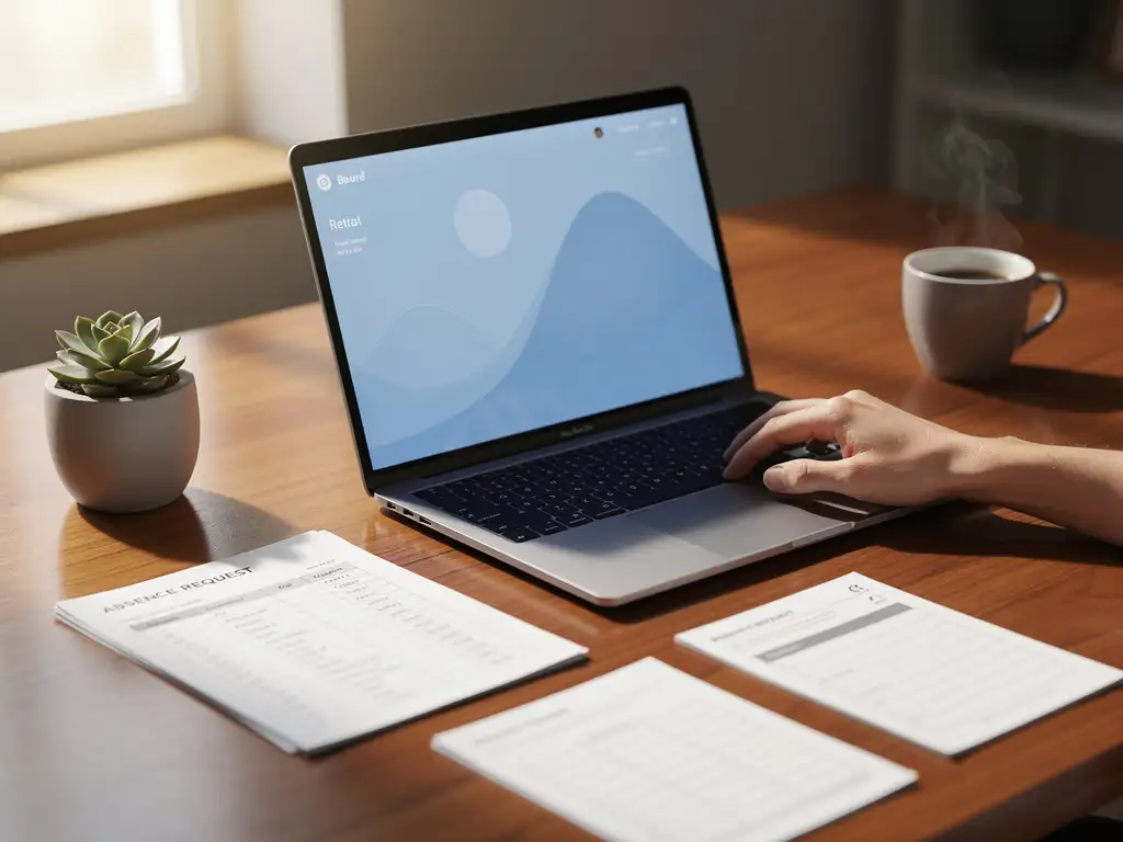 personeelsplanning-dashboard-laptop-werkplek-schema.jpg Laptop met dashboard-interface op houten bureau met personeelsroosters, verlofaanvragen, koffiekop en vetplant