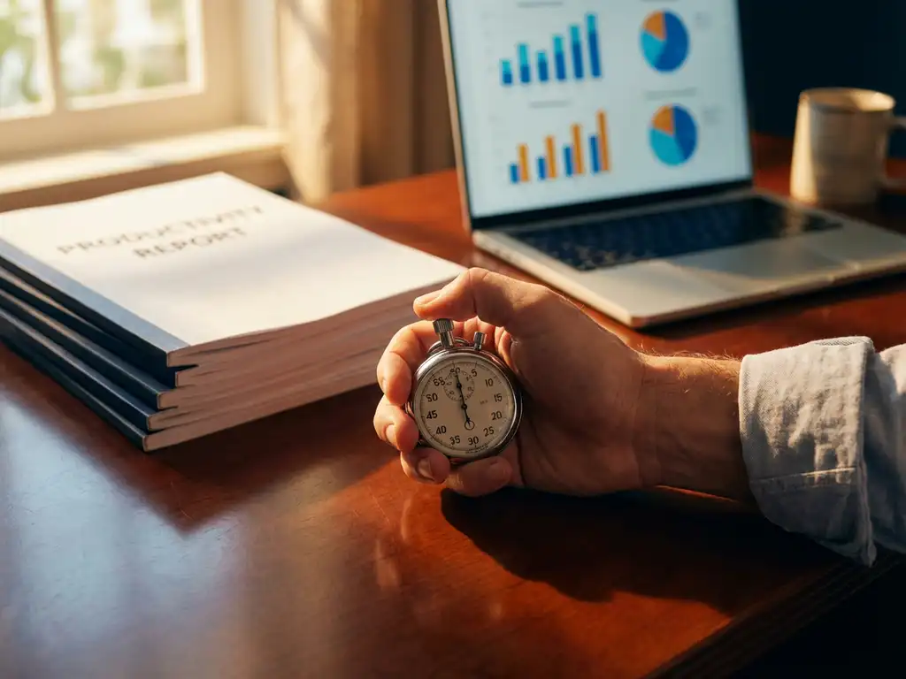 Zakenman stelt analoge stopwatch bij op mahonie bureau met productiviteitsrapporten en laptop met efficiëntiegrafieken