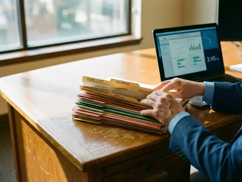 Zakenman organiseert kleurrijke projectmappen op houten bureau met laptop die tijdregistratie-interface toont