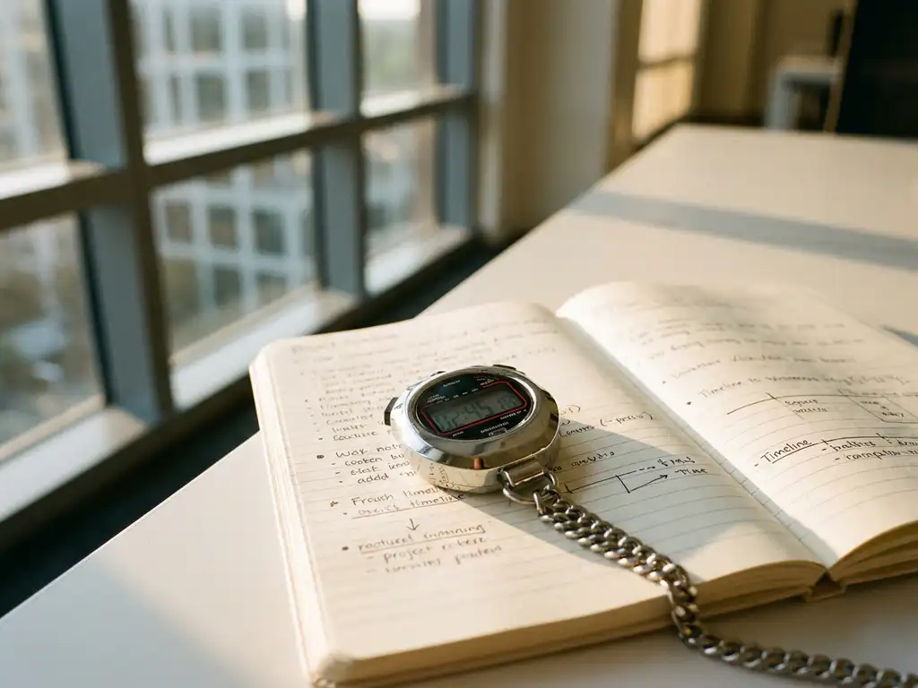 Digitale stopwatch met ketting op open projectplanningsnotitieblok met handgeschreven takenlijsten op wit bureau