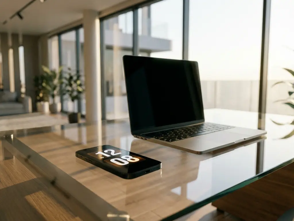 smartphone-digitale-klok-kantoor-werkplek.jpg Smartphone met digitale klok op glazen bureau naast laptop in modern kantoor met ochtendzonlicht door ramen