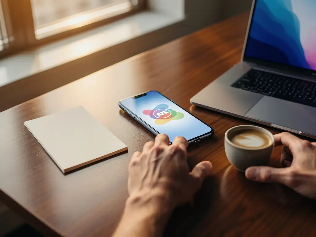 smartphone-notificatie-kantoor-werkplek-ochtend.jpg Smartphone met heldere notificatie op moderne bureauhouten tafel naast laptop, handen reiken ernaar, ochtendlicht