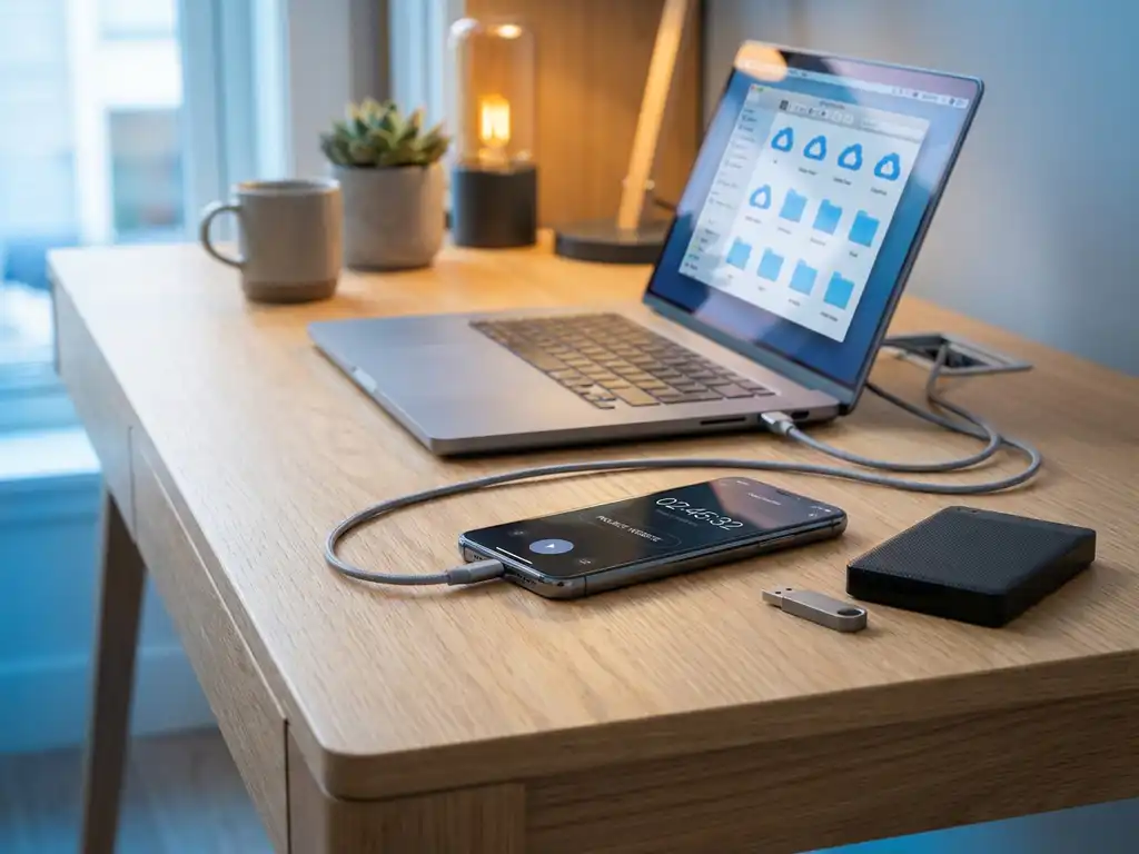 Smartphone met tijdregistratie-app en laptop met cloudopslag iconen op houten bureau met externe harde schijf en USB-apparaten