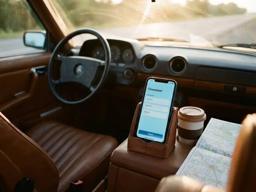 urenregistratie-app-smartphone-dashboard-auto.jpg Smartphone met digitale urenregistratie-app op autodashboard naast koffiekopje en wegenkaart in ochtendlicht