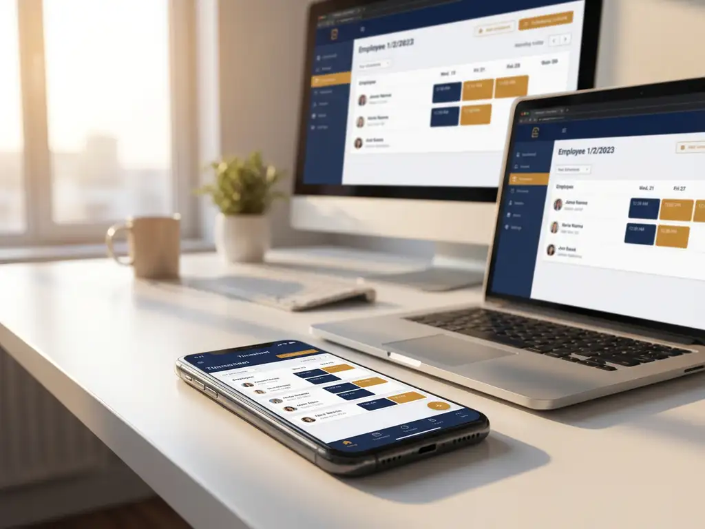 urenregistratie-smartphone-synchronisatie-kantoor-planning.jpg Smartphone met digitale urenregistratie verbonden met laptop en monitor op wit bureau, warme natuurlijke verlichting