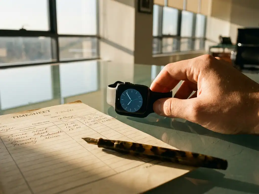 smartwatch-tijdregistratie-kantoor-technologie-werkplek.jpg Smartwatch op glazen bureau naast papieren urenstaat met vulpen, hand reikt naar horloge in warm ochtendlicht