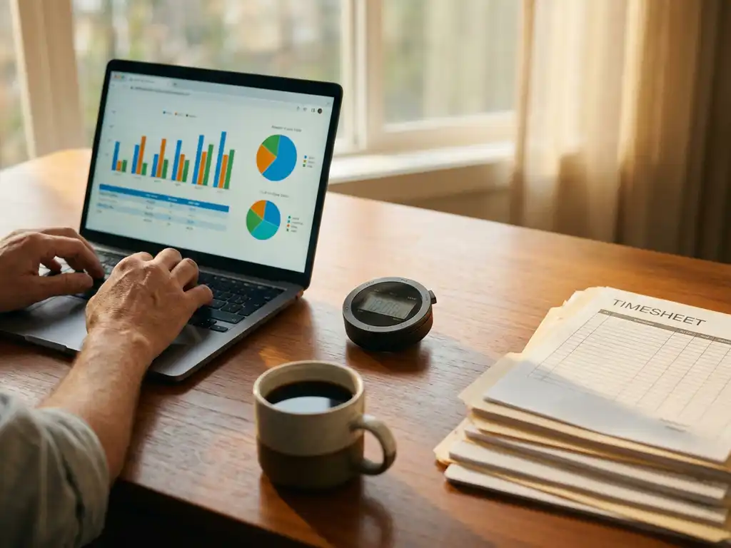 Moderne stopwatch op houten bureau naast laptop met datagrafieken, omringd door tijdregistratie documenten en koffiekopje