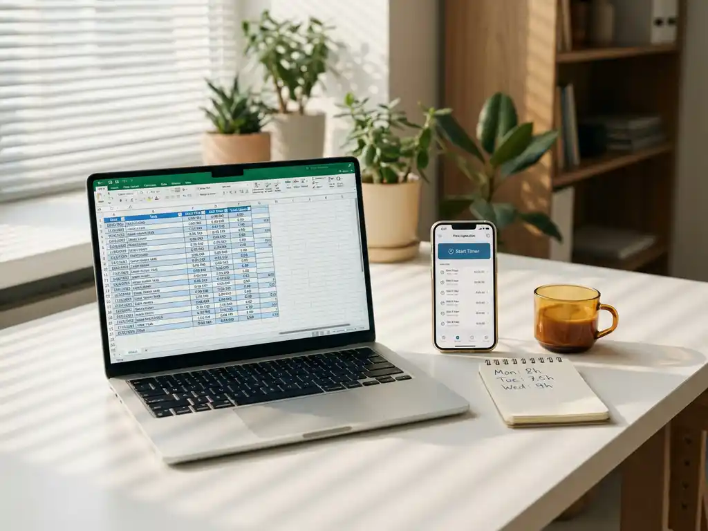 tijdregistratie-excel-spreadsheet-werkplek-app.jpg Laptop met Excel tijdregistratie spreadsheet op wit bureau naast smartphone, koffiekop en notitieblok in natuurlijk licht