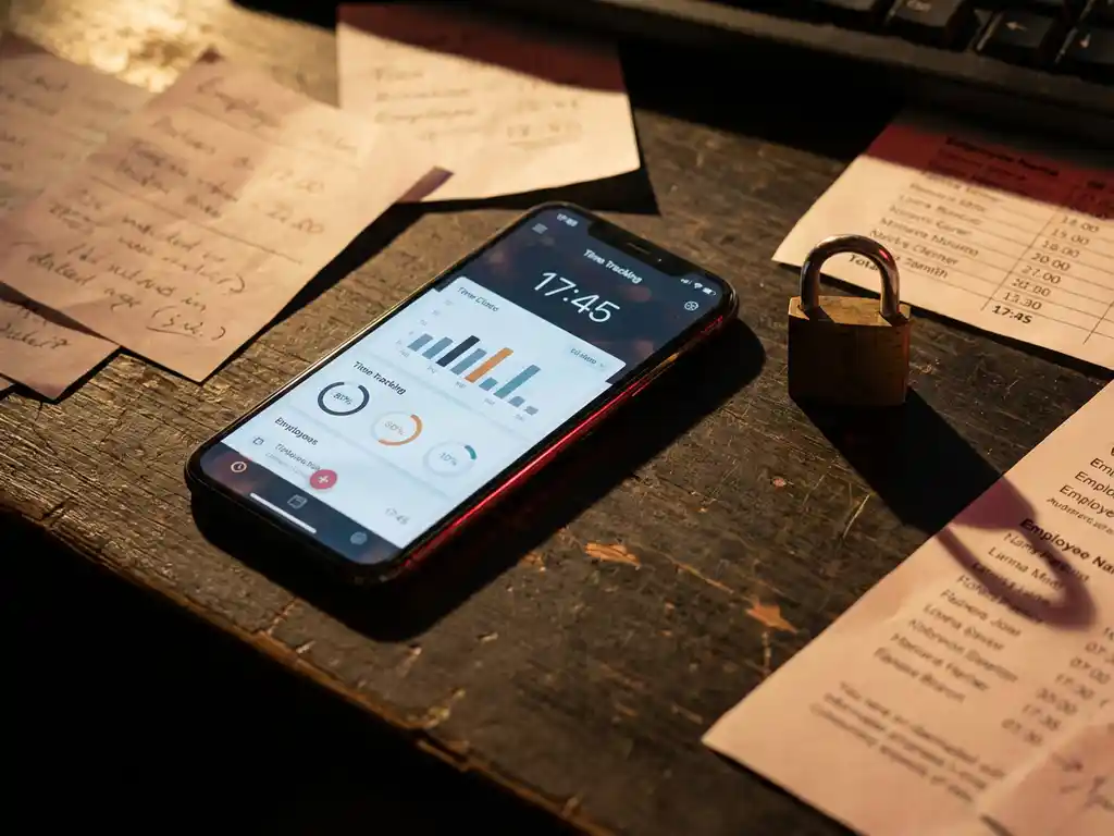 tijdregistratie-app-beveiliging-werknemersgegevens-privacy.jpg Smartphone met tijdregistratie-app op donkere houten bureau omringd door personeelsdocumenten en hangslot