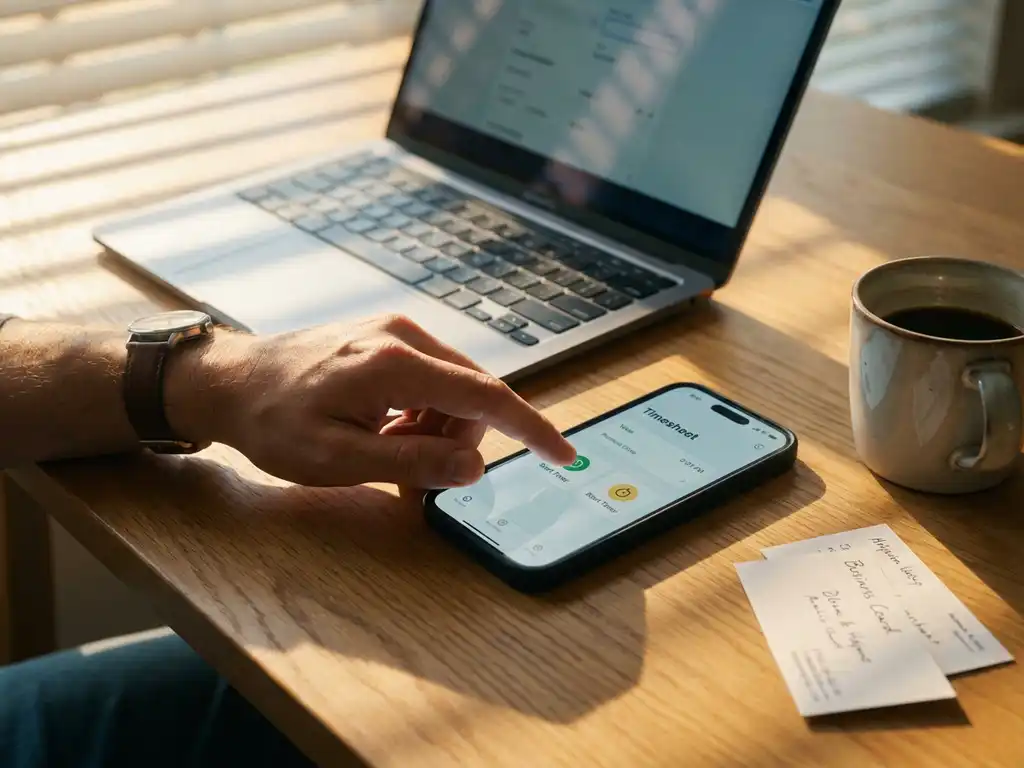 Smartphone met digitale urenregistratie-app op houten bureau, hand raakt geautomatiseerde tijdregistratieknop aan