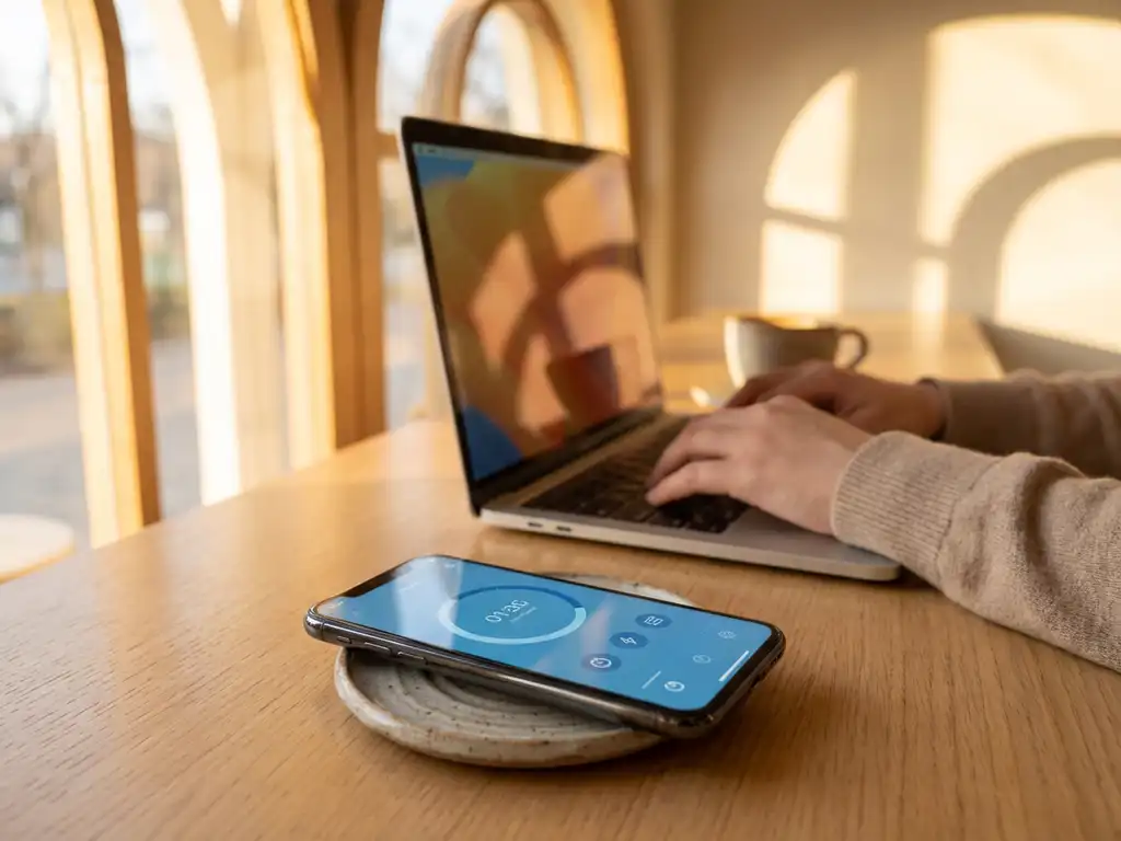 tijdregistratie-app-freelancer-cafe-workflow.jpg Smartphone met tijdregistratie-app op café tafel, freelancer typt op laptop op achtergrond in warm zonlicht