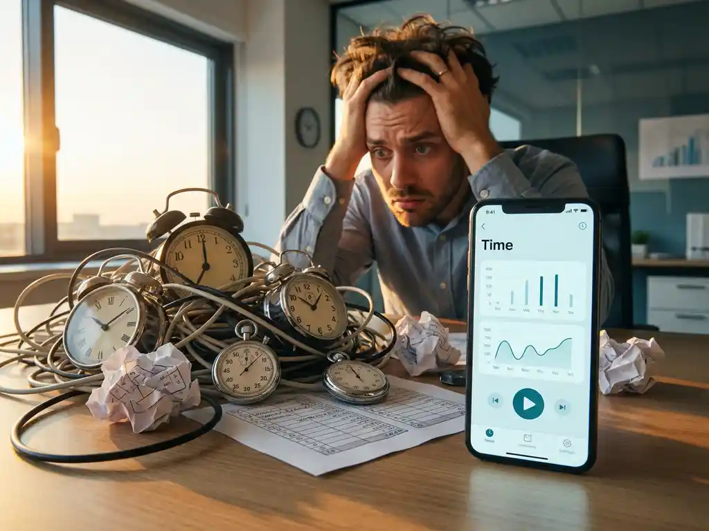 tijdregistratie-app-kantoorwerker-chaos-digitale-oplossing.jpg Gefrustreerde kantoormedewerker kijkt naar verwarde analoge klokken en papieren urenstaten terwijl smartphone met tijdregistratie-app op voorgrond staat