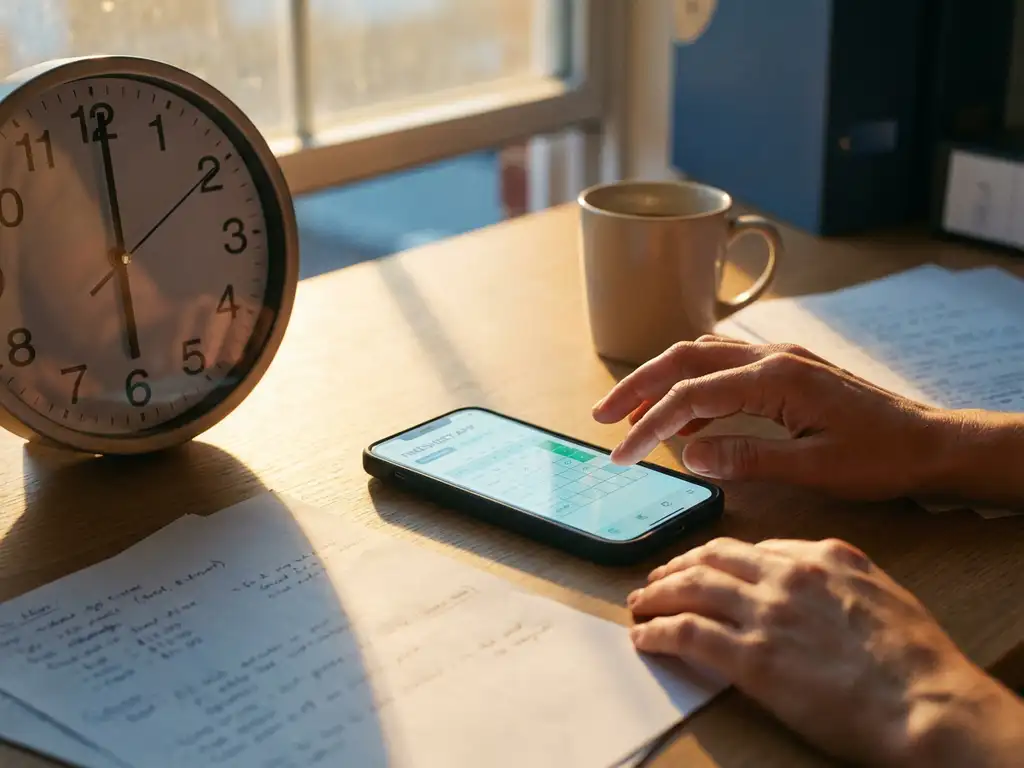 tijdregistratie-app-kantoor-smartphone-bureau.jpg Smartphone met digitale timesheet-app op bureaubureau naast analoge klok die 18:30 toont, warme avondlicht door ramen