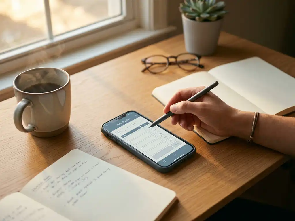 Smartphone met digitale timesheet-app op houten bureau naast koffiekop, hand met stylus klaar voor invoer