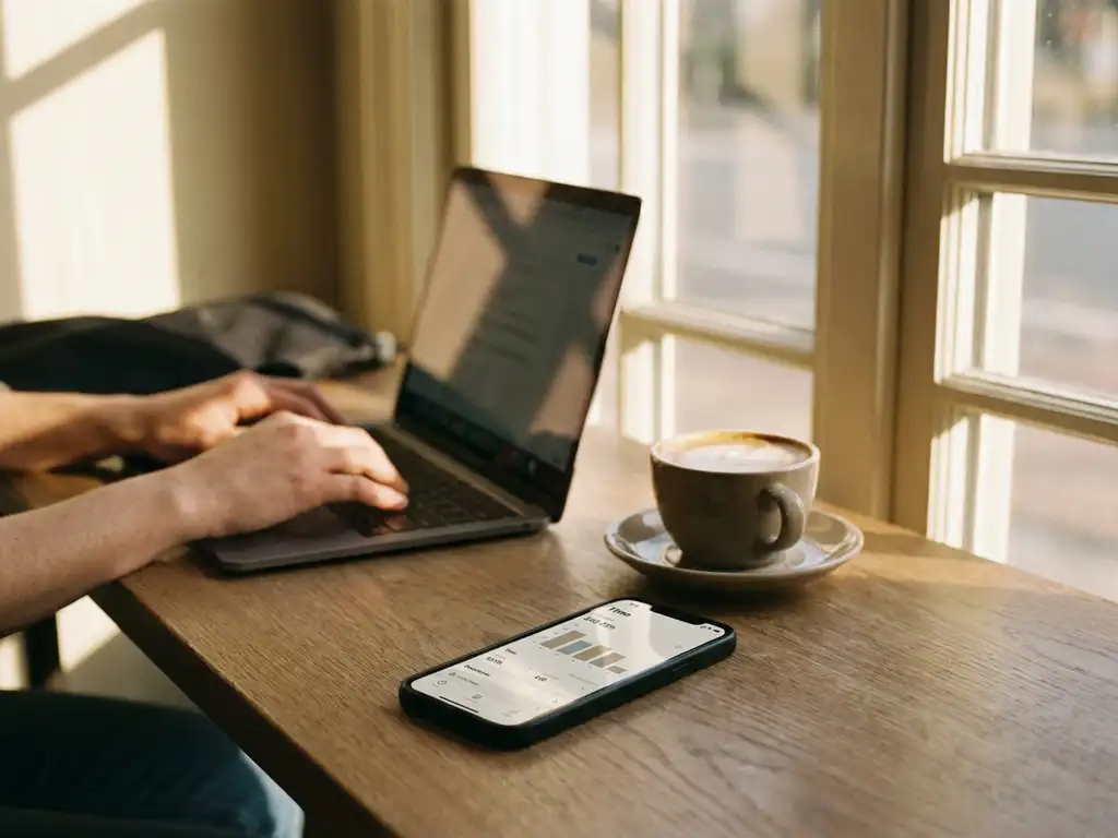 Smartphone met tijdregistratie-interface op café tafel naast laptop en koffiekop, handen typen op toetsenbord