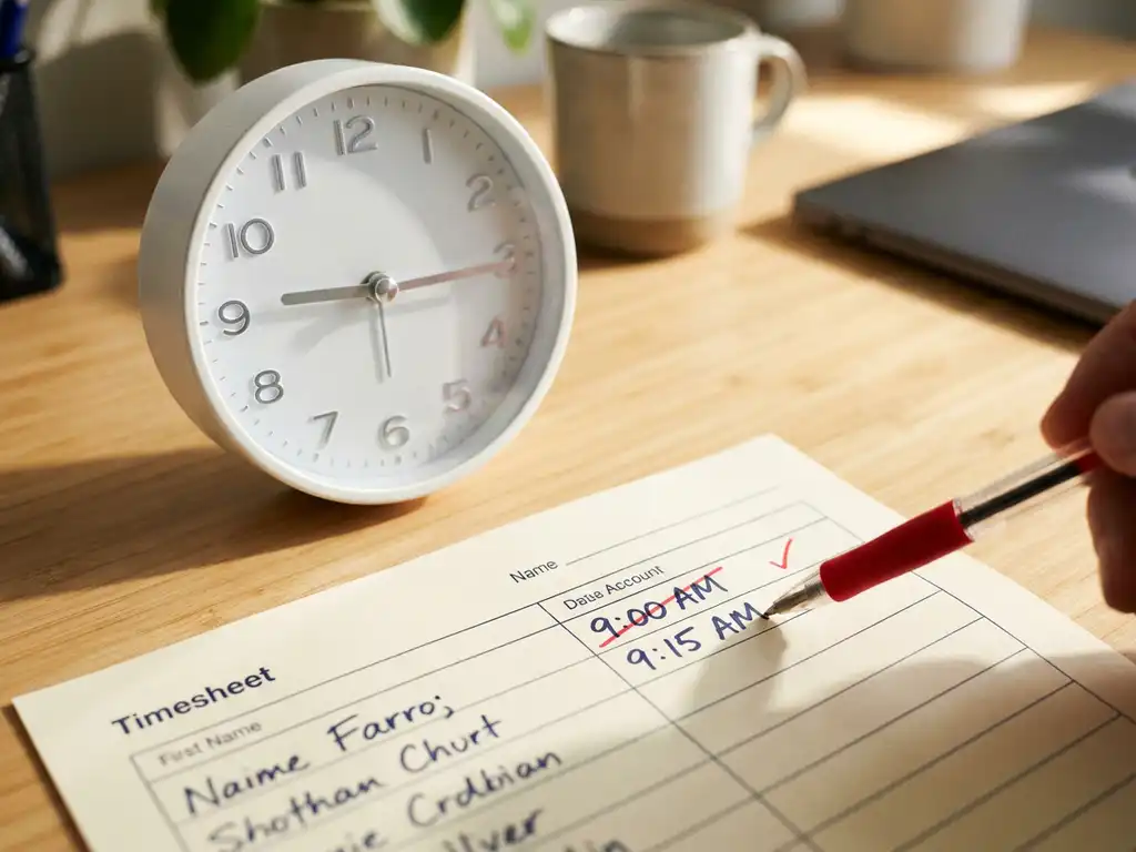 tijdregistratie-correctie-klok-urenstaat-kantoor.jpg Witte analoge klok toont 9:15 met rode pen die correctie maakt op papieren urenstaat, warme kantoorlicht