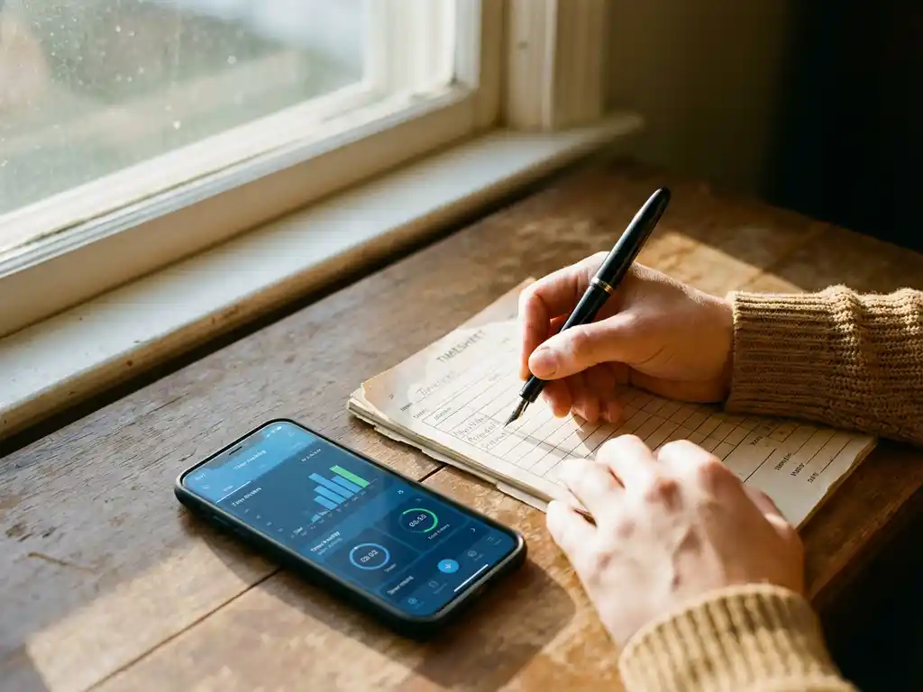 freelancer-urenregistratie-papier-digitaal-app.jpg Freelancer vult papieren timesheet in met zwarte pen naast smartphone met tijdregistratie-app op houten bureau