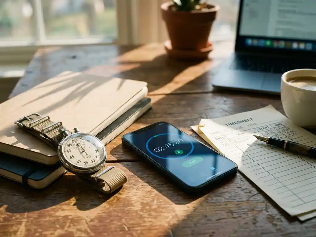 Houten bureau met vintage stopwatch, smartphone timer-app en papieren tijdregistratieformulier met vulpen in warm zonlicht