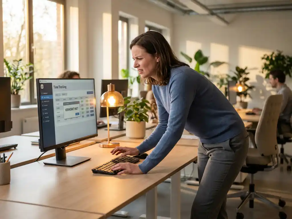 tijdregistratie-software-problemen-kantoor-werknemer.jpg Gefrustreerde kantoormedewerker staart naar bevroren tijdregistratie-interface op computerscherm in modern Nederlands kantoor