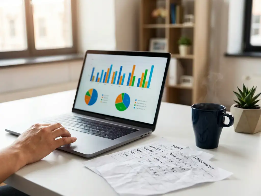 Laptop met kleurrijke grafieken op wit bureau naast koffiekop, handgeschreven urenstaten en kantoorplant bij raam