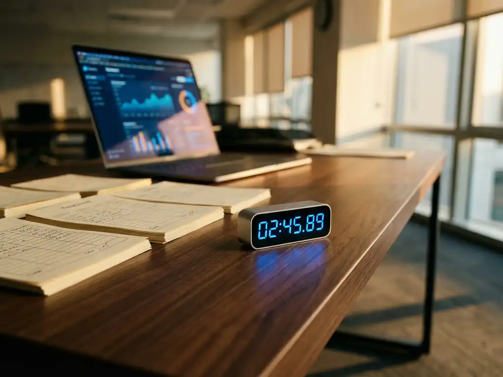 Digitale stopwatch op houten bureau naast tijdregistratieformulieren en laptop met analytics dashboard
