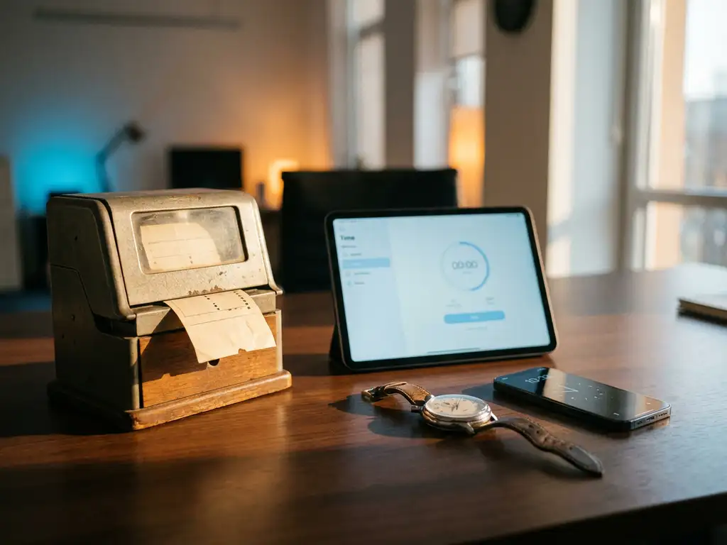 Verschillende tijdmeetinstrumenten op modern houten bureau: vintage prikklok, tablet met tijdregistratie-app, analoge stopwatch en smartphone