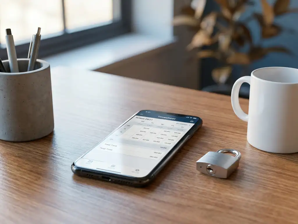 smartphone-tijdregistratie-app-kantoor-beveiliging.jpg Smartphone met digitale urenregistratie-app op houten bureau naast zilveren hangslot in modern kantoor
