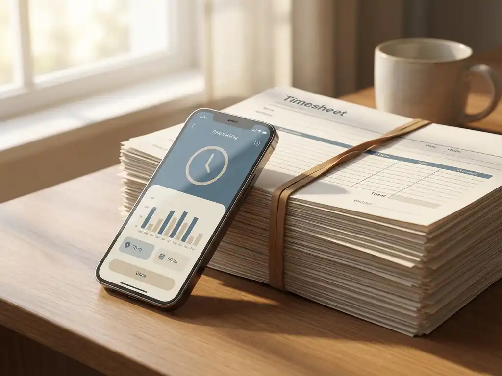 urenregistratie-app-papieren-tijdschrijving-kantoor.jpg Stapel urenstaten met elastiek en smartphone met tijdregistratie-app op modern bureau in natuurlijk licht