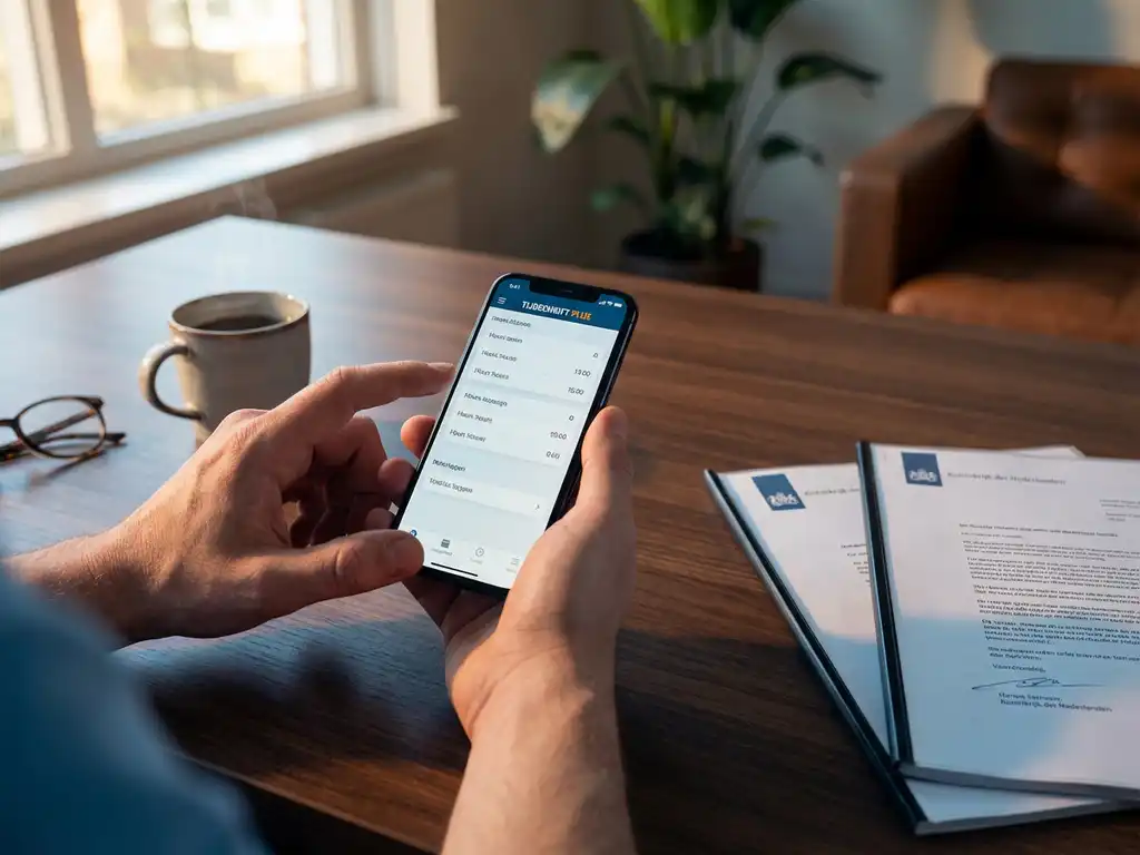 digitale-urenregistratie-app-juridische-documenten-kantoor.jpg Smartphone met tijdregistratie-app op houten bureau naast Nederlandse juridische documenten, koffiekop en leesbril in kantooromgeving