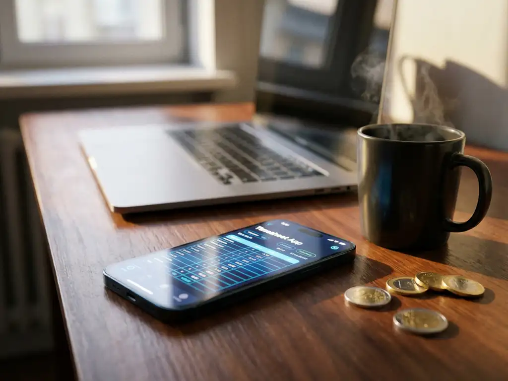 Smartphone met digitale urenregistratie-app op houten bureau naast koffiekop en euro munten, laptop op achtergrond