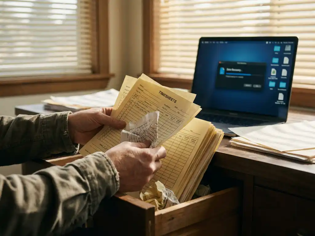 tijdregistratie-herstel-papieren-urenstaten-kantoor.jpg Handen die verspreidde analoge urenregistraties uit een houten bureaulade halen, laptop met herstelinterface op de achtergrond