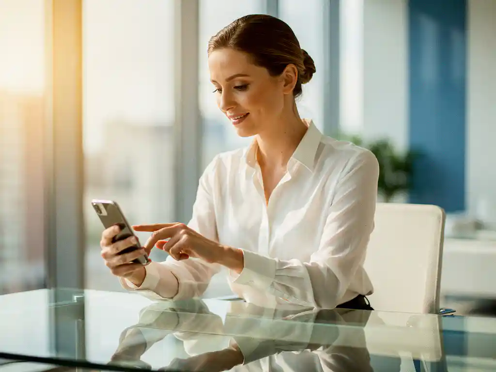 Zakenvrouw in witte blouse tikt op smartphone om vakantieaanvraag goed te keuren aan glazen bureau in modern kantoor