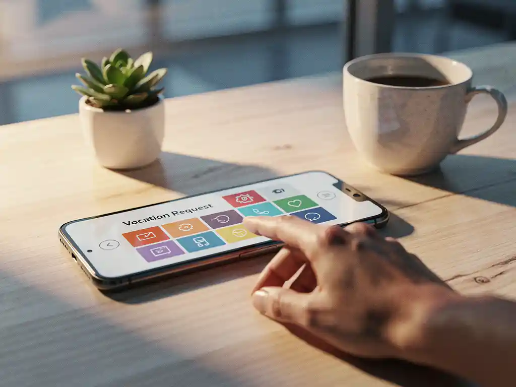 vakantie-aanvraag-kalender-smartphone-kantoor.jpg Smartphone met kleurrijke vakantiekalender-app op modern houten bureau naast vetplant en koffiekopje, hand reikt naar telefoon