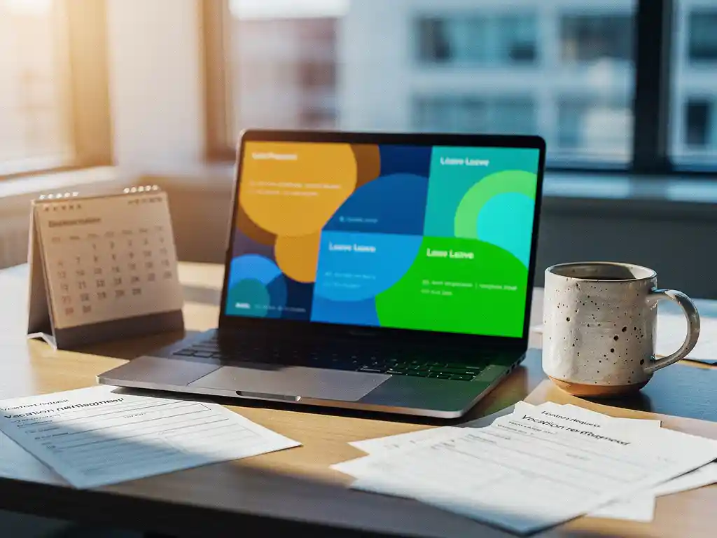 Moderne laptop toont kleurrijke digitale verlofkalender omringd door papieren vakantieaanvragen en bureaukalender op kantoorbureau