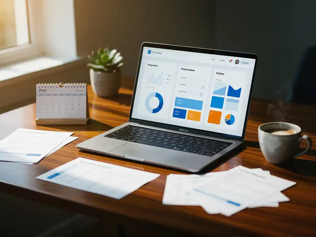verlofaanvraag-dashboard-laptop-werkplek-kantoor.jpg Laptop met dashboard-interface op houten bureau omringd door vakantieaanvraagformulieren en kantoorbenodigdheden