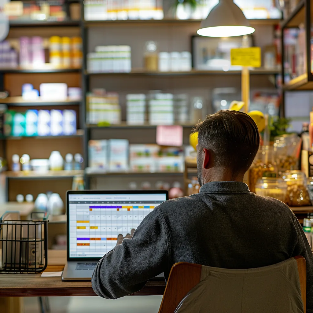 Man achter een laptop met een kleurig rooster in Excel, in een winkel met volle schappen