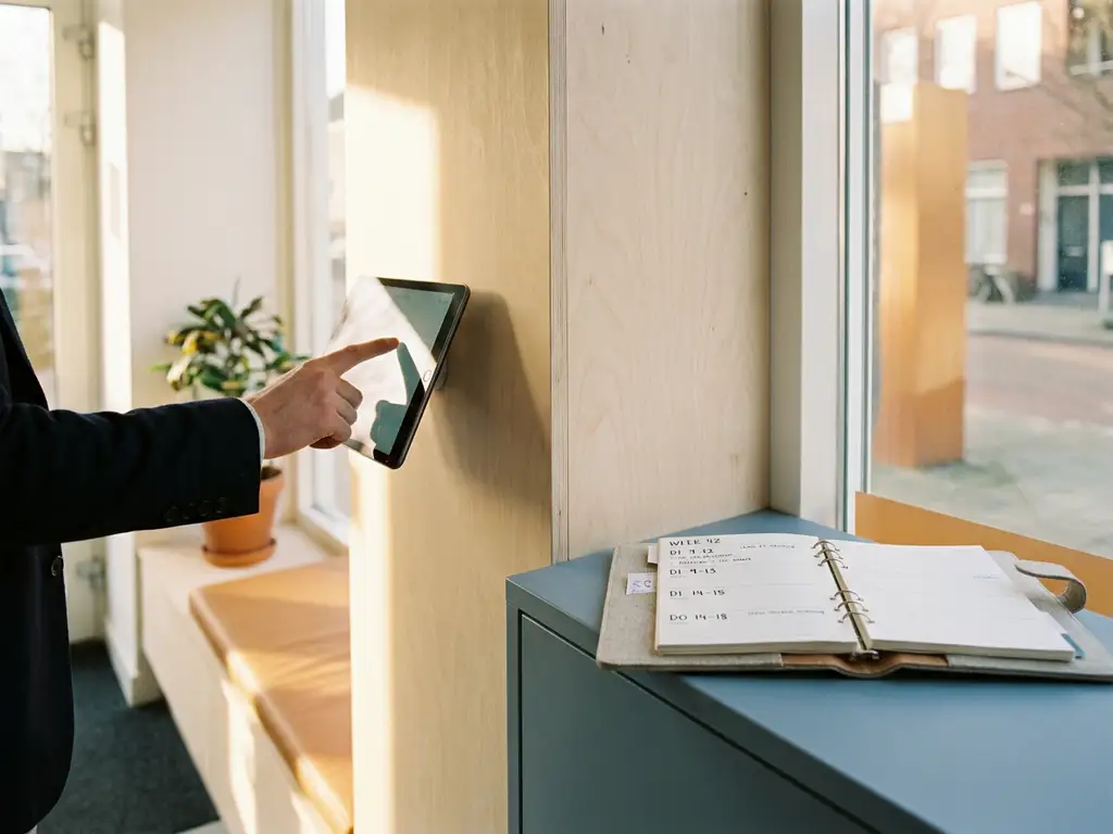 deeltijdwerker-uitklokken-tablet-kantoor.jpg Parttimewerknemer klokt uit op tablet bij moderne kantooringang, persoonlijke planner met weekschema opengeslagen ernaast, natuurlijk raamlicht.