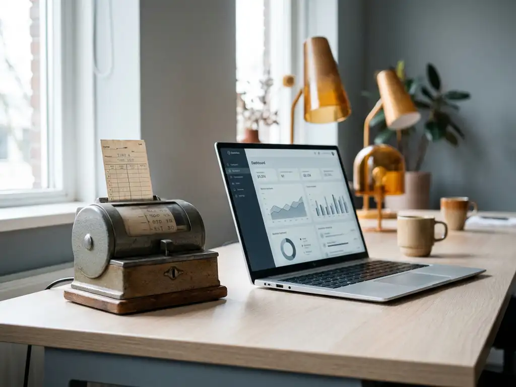 prikklok-tijdregistratie-modern-kantoor.jpg Vintage prikklok met versleten tijdkaart naast een laptop met dashboard op een modern bureau, zacht natuurlijk licht.
