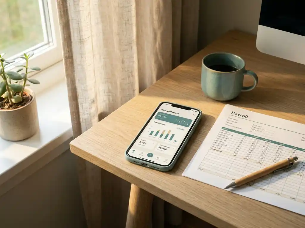 Smartphone met urenregistratie-dashboard naast een uitgeprinte loonlijst op een Scandinavisch bureau, met koffie en pen in zacht ochtendlicht.