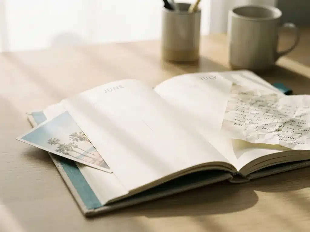 Open kantoorplanner met strandkaart en ziekmeldingsbriefje op twee kalenderpagina's, op modern bureau in warm natuurlijk licht.