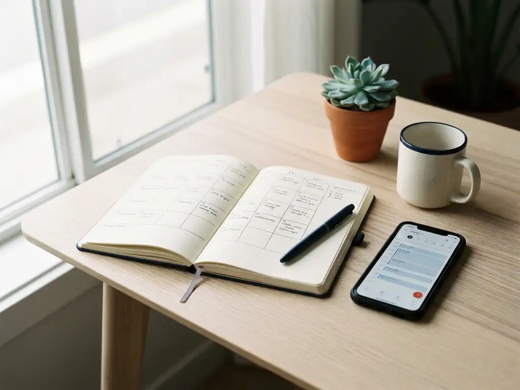 tijdregistratie-notitieboek-planning-bureau.jpg Open notitieboek met weekplanning op modern bureau naast smartphone, koffiekop en vetplant in zacht natuurlijk licht.