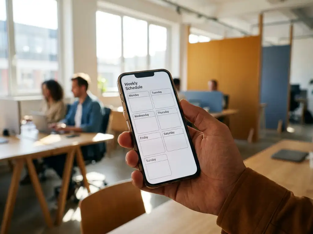 weekrooster-smartphone-manager-kantoor-planning.jpg Manager houdt smartphone met wekelijks roosterschema in modern kantoor met collega's op de achtergrond.