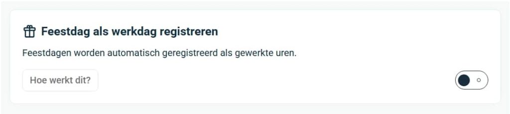 Instellingen in het dashboard met de optie Feestdag als werkdag registreren