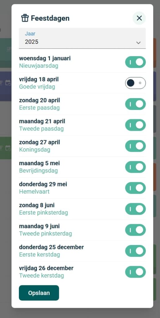 Pop-up in het rooster waarin je officiële feestdagen aanvinkt om ze toe te voegen