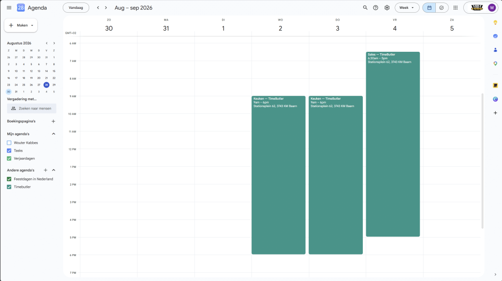 Timebutler diensten zichtbaar in Google Agenda