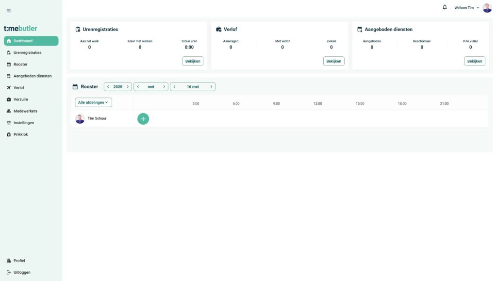Hoofddashboard van Timebutler met urenregistraties, verlof en verzuim en aangeboden diensten