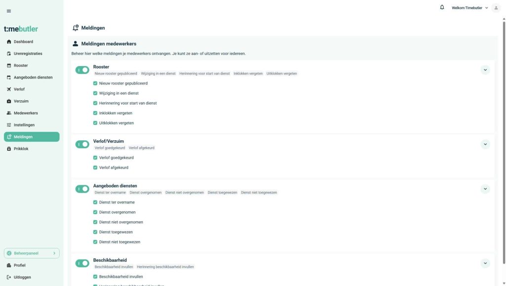 Het scherm Meldingen in het dashboard met per categorie een schakelaar per melding