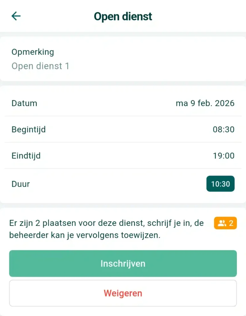 Detail van een open dienst met de knop Inschrijven voor deze dienst