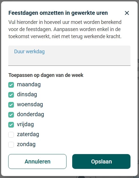 Pop-up met het aantal uren per werkdag en de feestdagen die als werkdag tellen