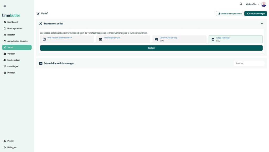 De pagina Verlof met de instellingen voor een fulltime contract
